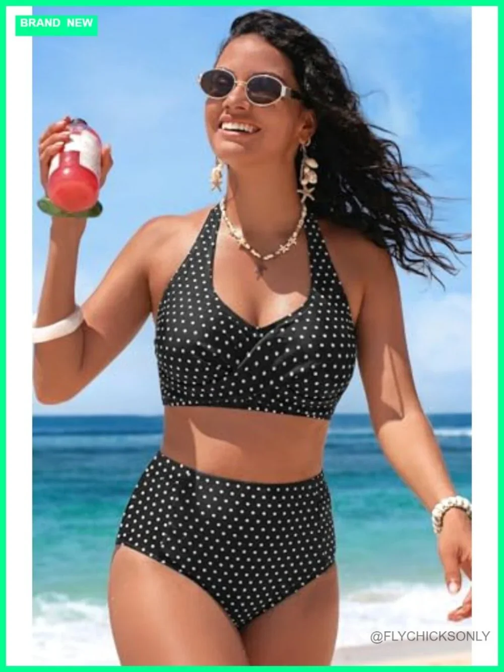 Women's High Waisted 2 Piece Halter Patch Pocket Stripe Bikini Set